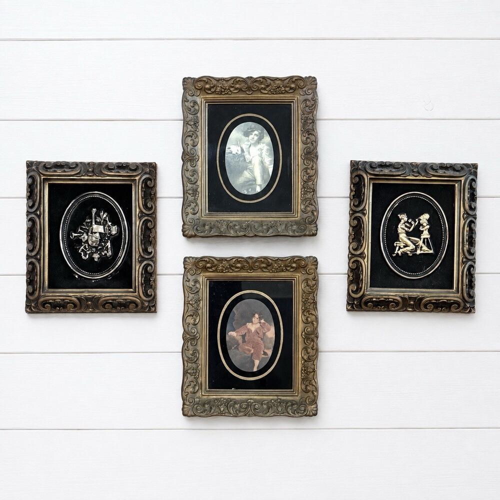 Vintage Ornate Gilt Frame Set 4 Victorian Style Prints Gold Velvet Cameo Wall